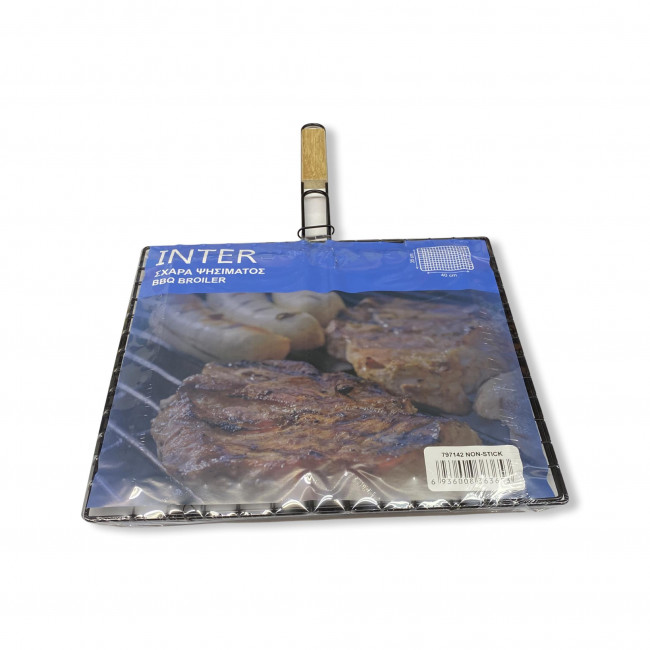 Σχάρα Ψησίματος BBQ Χρωμέ Χωρίς Πόδια Ξύλινη Λαβή 40cm X 35cm Ίσιο Σύρμα Inter